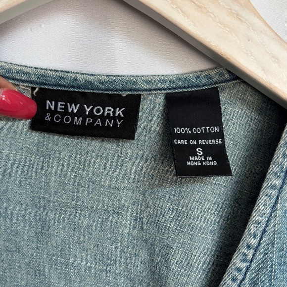 New York & Company Women’s Denim Wrap Blouse with Red Floral Embroidery, Small - Picture 2 of 8